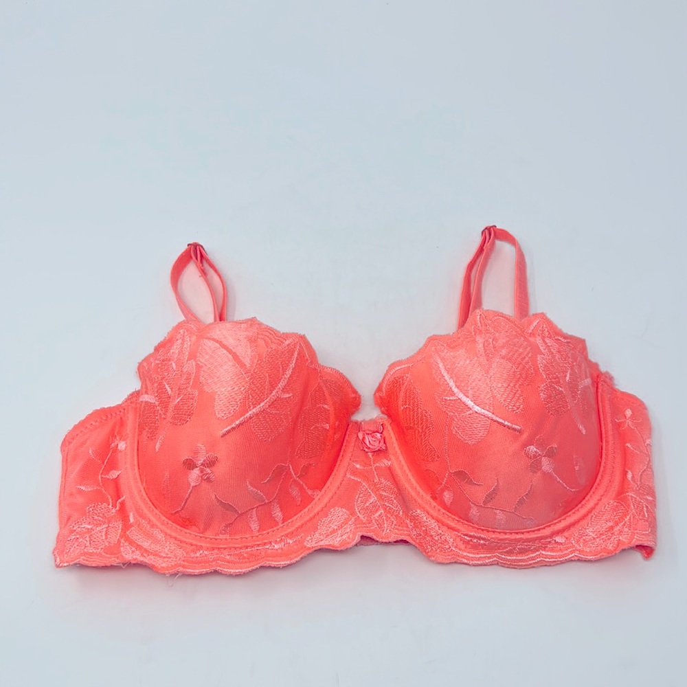 Neon Coral Flower Embroidered Lace Bra Size 34B Excellent Used Condition